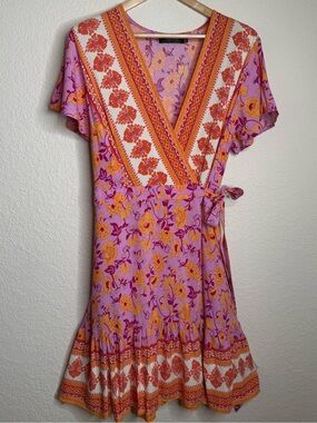 Zesica Wrap Dress Purple Floral Boho V Neck Ruffle Hem Vacation Sz XXL